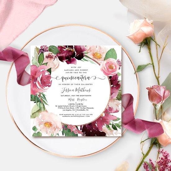 Elegant Burgundy Blush Pink Floral Quinceanera