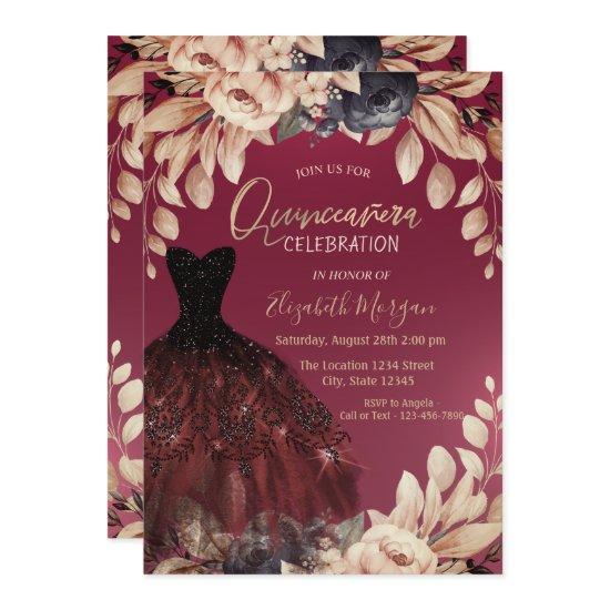 Elegant Burgundy Dress Floral Quinceañera