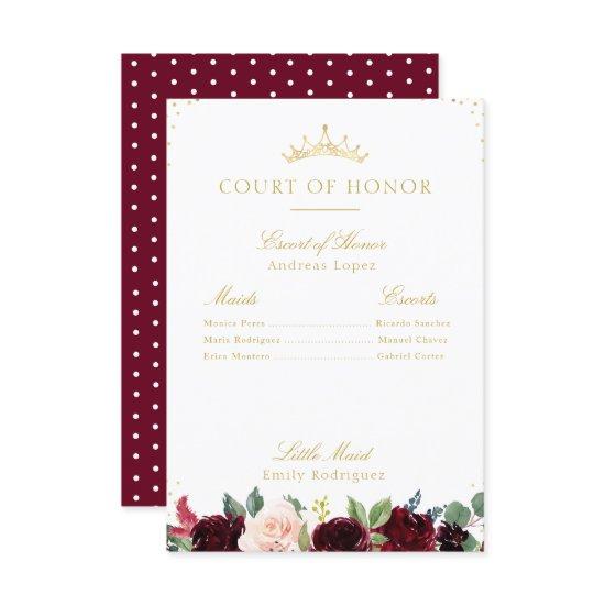 Elegant burgundy floral court of honor card