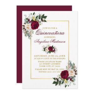 Elegant Burgundy Floral Greenery Gold Quinceanera