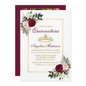Elegant Burgundy Floral Greenery Photo Quinceanera