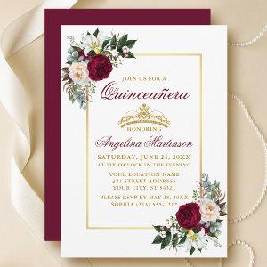Elegant Burgundy Floral Greenery Quinceanera Gold