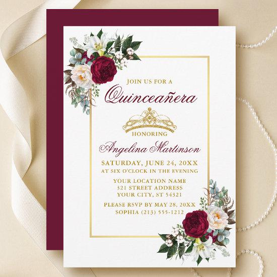 Elegant Burgundy Floral Greenery Quinceanera Gold