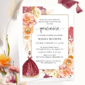 Elegant Burgundy Floral Princess Quinceañera