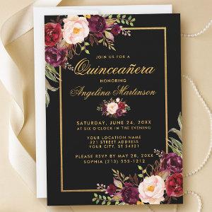 Elegant Burgundy Floral Quinceanera Black Gold