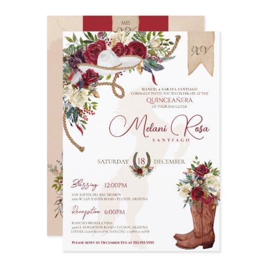 Elegant Burgundy Floral Winter Charro Quinceanera
