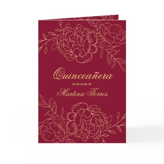 Elegant Burgundy Gold Fine Art Floral Quinceanera