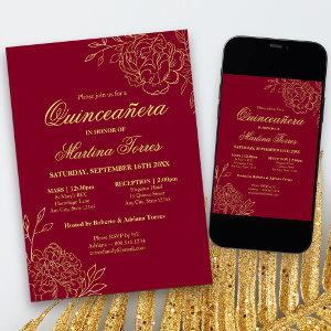 Elegant Burgundy Gold Sketch Floral Quinceanera