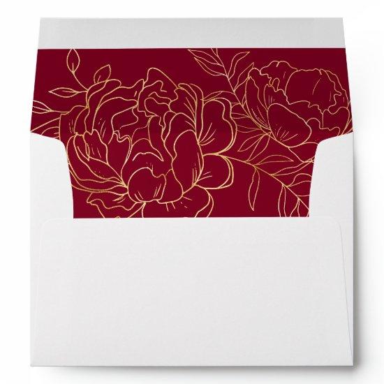 Elegant Burgundy Gold Sketch Floral Return Address Envelope