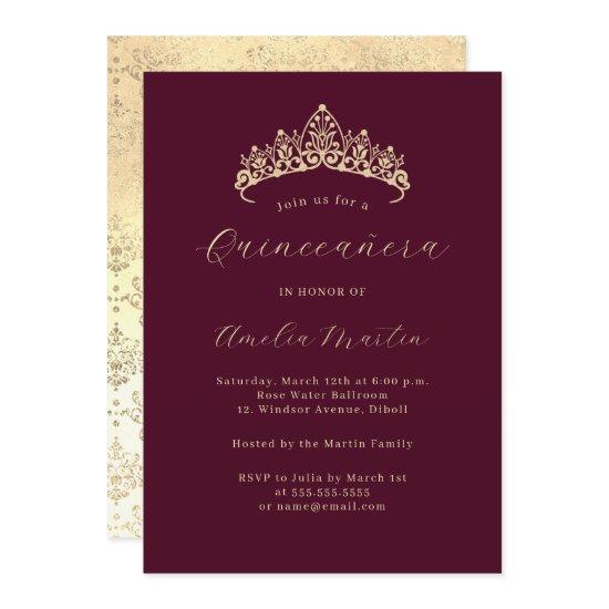 Elegant Burgundy Gold Tiara Quinceanera