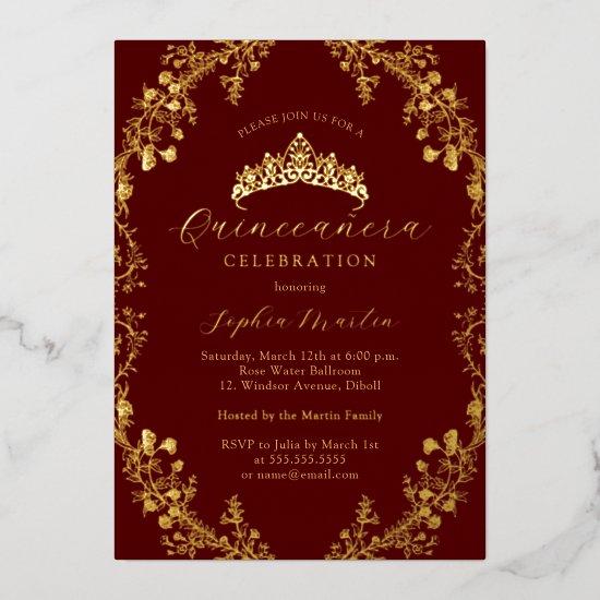 Elegant Burgundy Gold Vintage Quinceanera  Foil