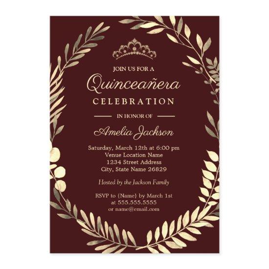 Elegant Burgundy Gold Wreath Quinceanera