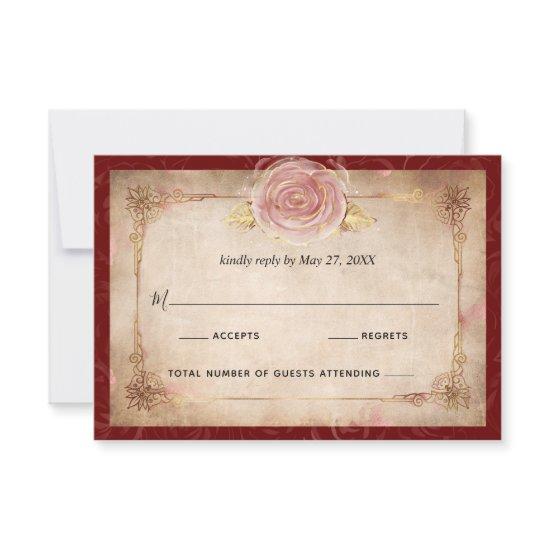 Elegant Burgundy Pink Rose Gold Rustic Wedding RSVP Card