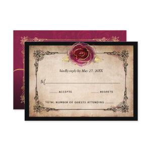 Elegant Burgundy Plum Gold and Black Wedding RSVP Card