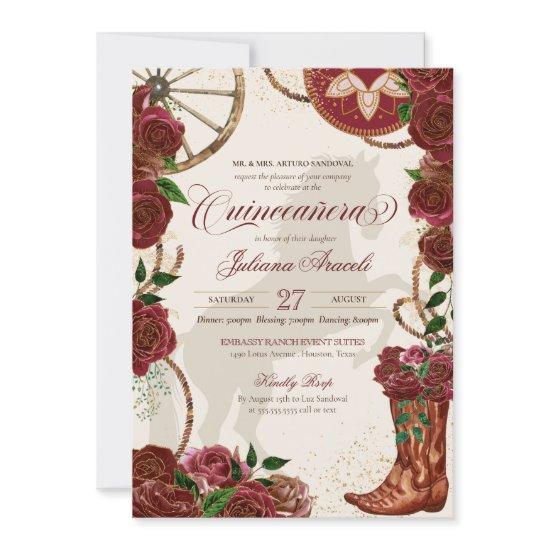 Elegant Burgundy Roses Charro Boots Quinceanera