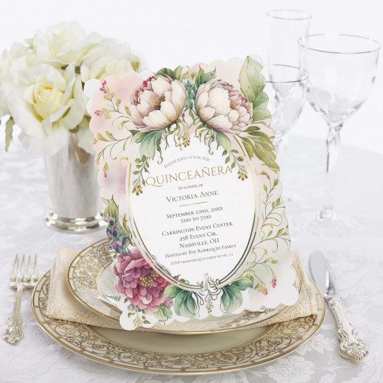 Elegant Burgundy Scalloped Quinceañera nvitation