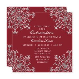 Elegant Burgundy Silver Ornate Floral Quinceañera
