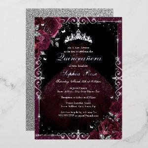 Elegant Burgundy Silver Rose Dress Quinceanera Foil