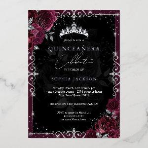 Elegant Burgundy Silver Rose Quinceanera Foil