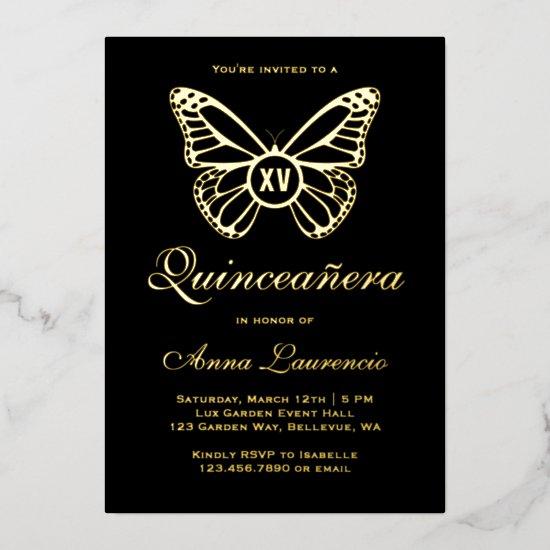 Elegant Butterfly Black And Gold XV Quinceanera Foil
