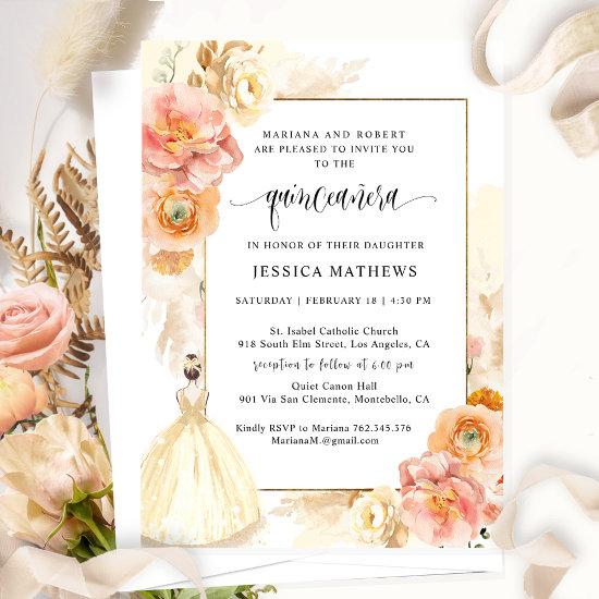 Elegant Champagne Floral Princess Quinceañera