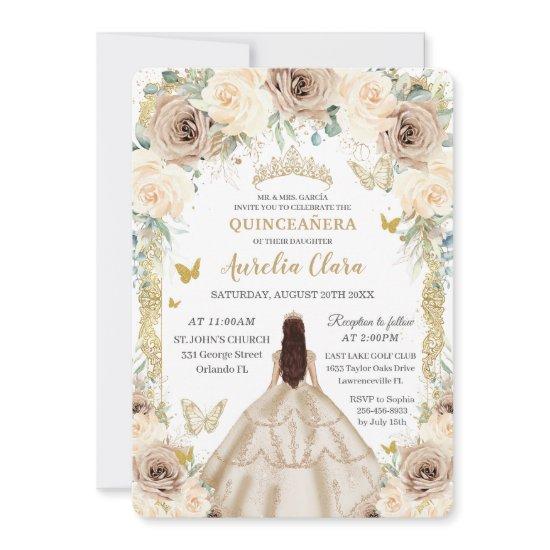 Elegant Champagne Floral Vintage Gold Quinceañera