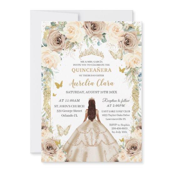 Elegant Champagne Floral Vintage Gold Quinceañera