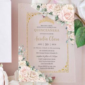 Elegant Champagne Ivory Blush Floral Quinceañera Acrylic