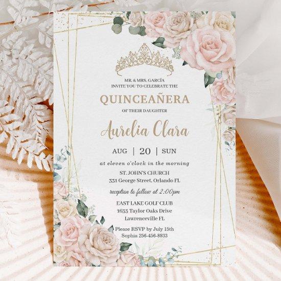 Elegant Champagne Ivory Blush Floral Quinceañera
