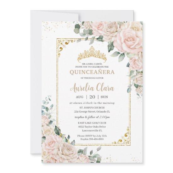 Elegant Champagne Ivory Blush Floral Quinceañera