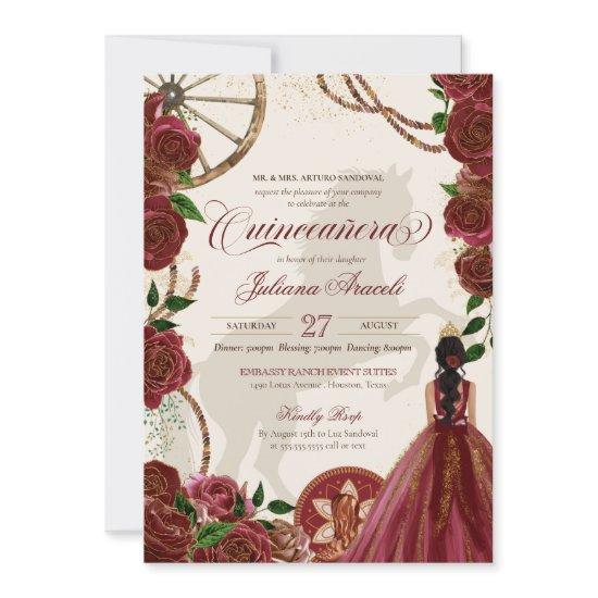 Elegant Charro Burgundy Roses Western Quinceanera