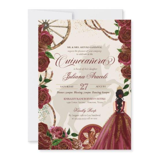 Elegant Charro Burgundy Roses Western Quinceanera