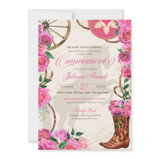 Elegant Charro Pink Rose Western Boots Quinceanera
