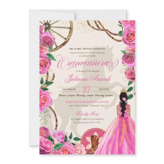 Elegant Charro Pink Rose Western Ranch Quinceanera