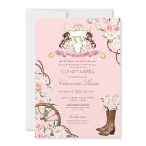 Elegant Charro Quinceanera White Pink Floral Invit