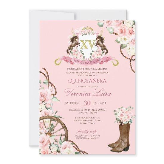 Elegant Charro Quinceanera White Pink Floral Invit