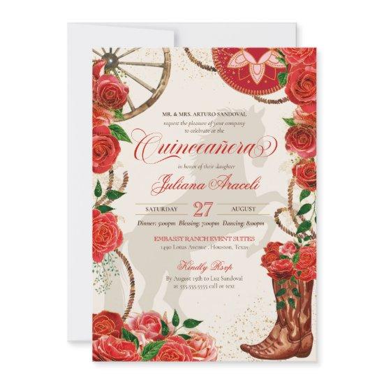 Elegant Charro Red Roses Western Boots Quinceanera