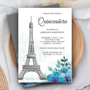 Elegant Chic Blue Floral Eiffel Tower Quinceanera