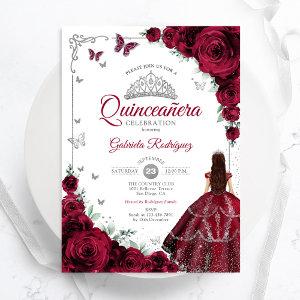 Elegant Chic Burgundy Roses Floral Quinceanera