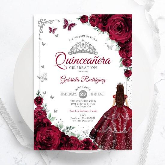 Elegant Chic Burgundy Roses Floral Quinceanera