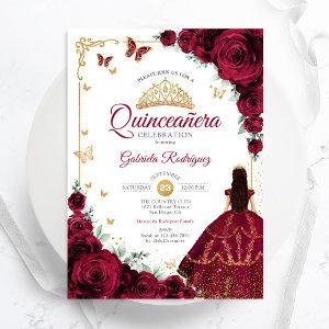 Elegant Chic Burgundy Roses Gold Quinceanera