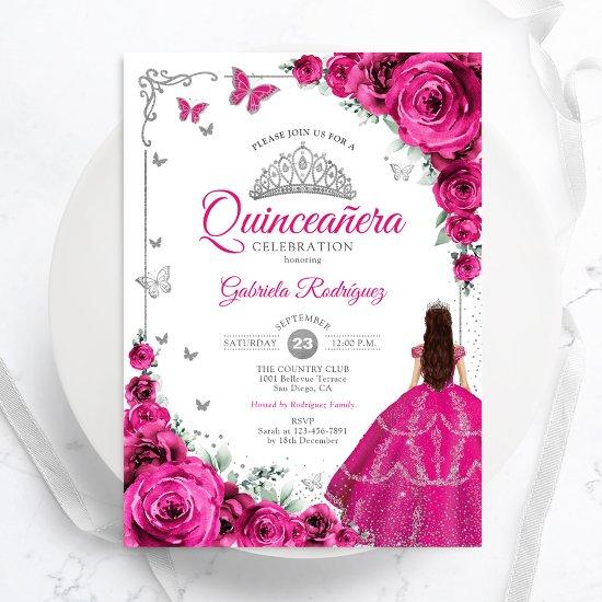 Elegant Chic Fuchsia Pink Roses Floral Quinceanera