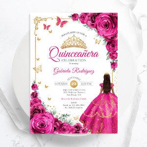 Elegant Chic Fuchsia Pink Roses Gold Quinceanera