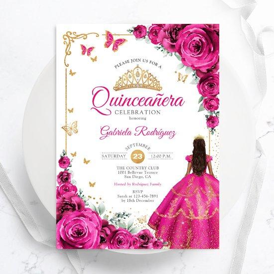 Elegant Chic Fuchsia Pink Roses Gold Quinceanera