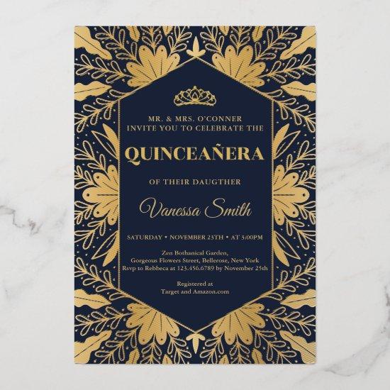 Elegant chic navy and real gold foil quinceanera foil