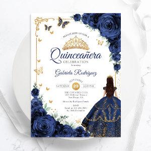 Elegant Chic Navy Roses Floral Gold Quinceanera