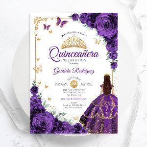 Elegant Chic Purple Roses Gold Quinceanera