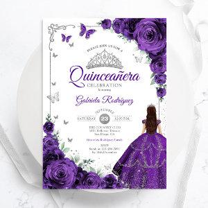 Elegant Chic Purple Silver Floral Quinceanera