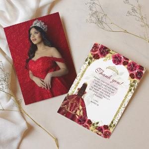 Elegant Chic Red Floral Photo Quinceañera Thank You Card