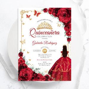 Elegant Chic Red Roses Gold Quinceanera